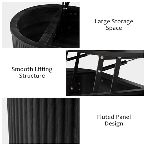 Image of QHITTY Fluted Coffee Table with Lifting Top, Oval Wood Lift Top Coffee Table with Hidden Compartment, Mid Century Pull up Center Tables for Living Room, Office - Black