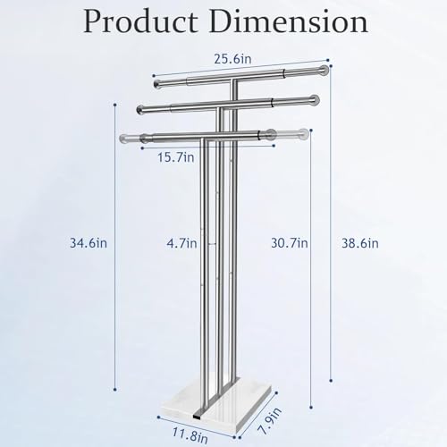 Kayfia 40" Standing Towel Rack with Weighted Marble Base, Width Adjustable & Taller Bathroom Towel Rack Stand, 3-Tier Towel Racks for Bathroom, Multiple Spaces Stainless Steel Brushed Finish by Kayfia - Used condition - Image 6