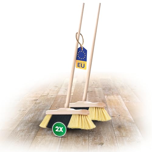 Novaliv Juego de 2 escobas de habitación con mango de cerdas finas de plástico, cerdas suaves y densas, escobas de madera con mango de madera, cerdas artificiales de polipropileno para laminado y