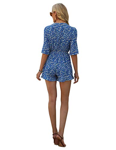 Aimcoo Women's Half Sleeve Tie Knot Front Romper Floral Print Deep V Neck Sexy Jumpsuit High Elastic Waist Ruffle Hem Rompers #TOP5