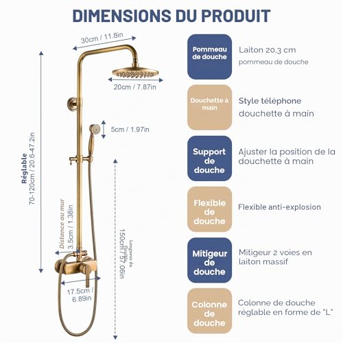 Ensemble de douche laiton réglable de 70 à 120 cm avec douchette rétro