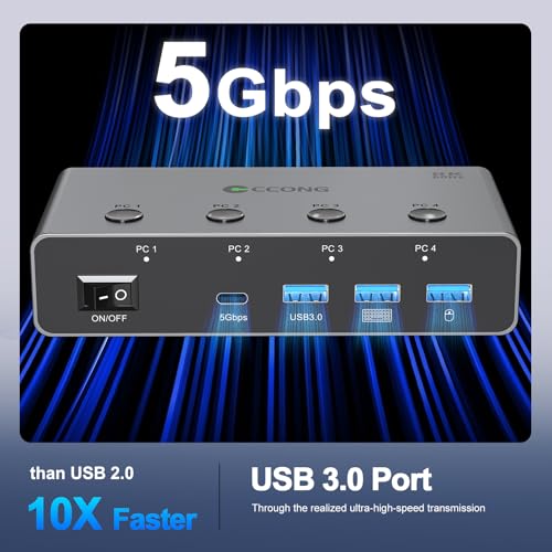 Image of 5G USB3.0 HDMI KVM Switch 8K@60Hz 4 Computers Share 1 Monitor, KVM Switches 4 Port with 3 USB 3.0 and 1 USB C Ports Share Monitor Keyboard Mouse Printer, with 4 USB 3.0 Cables and Extended Controller