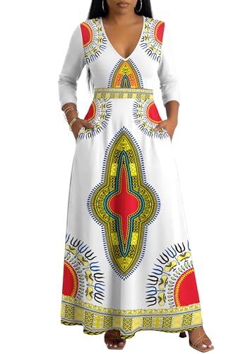 FANDEE Women's Dresses Church Loose Fit V Neck Dress with 3/4 Sleeve Casual Long Dress