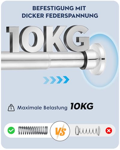 Teleskopstange 70-255CM Ausziehbar Duschvorhangstange Duschstange ohne Bohren Silber Klemmstange zum Klemmen für Kleiderschrank