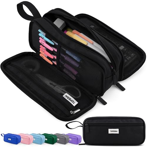 Image of TOPBIDAI Large Pencil Case Pouch for Girls Boy Women Men Adults | Big Capacity Canvas Pencil Bag, Office School Supplies, Multi Compartment Zipper Stationery Pen Box (Coal Black)