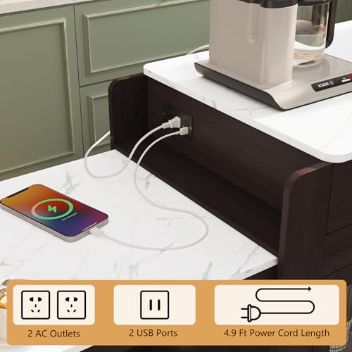 Image of HLR 72 inch Extendable Rolling Kitchen Island with Storage, Island Table on Wheels with Marble Grain Countertop & Power Outlet, Portable Island Cart with Cabinets, Drawers and Shelves, Brown