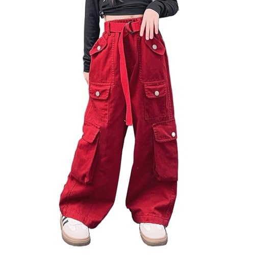 Girls Baggy Straight Cargo Pants Vintage Solide Color Wide Leg Trendy Joggers Cool Elastic High Waisted Trousers