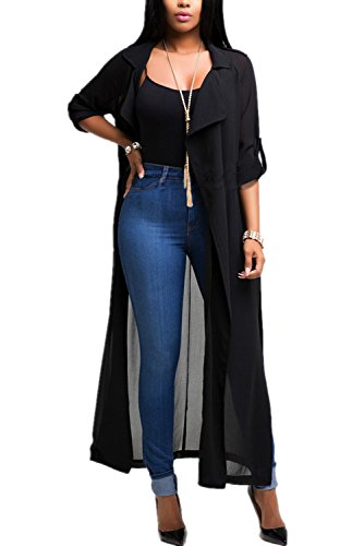 Cresay Women Chiffon Long Sleeve Cardigan Cover up Blouse-Black-XL