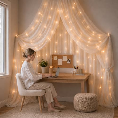 Image of Just Party Backdrop Setup with Drapes & Fairy Lights - White Sheer Curtain with Warm LEDs for Elegant Wedding, Engagement, Baby Shower, Photoshoot, Anniversary & Birthday Decoration for Home or Event