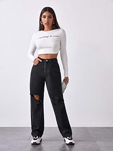 ▷ SheIn Pantalones de mezclilla rasgados para mujer, de cintura alt