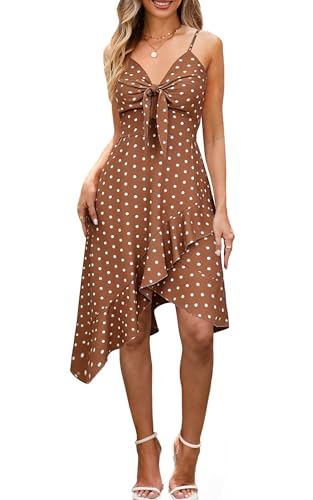 Image of ECOWISH Polka Dot Women Summer Dresses Casual Midi A Line Ruffle High Low Sleeveless Boho Floral Halterneck Cocktail Sundress