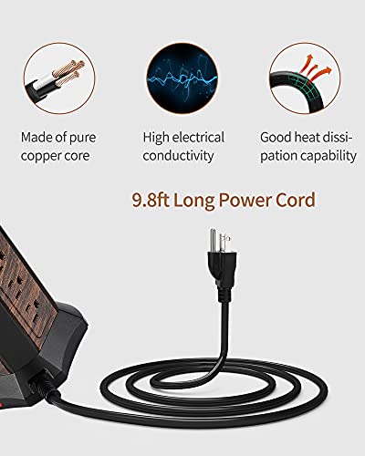 Power Strip Tower Surge Protector, Superdanny Desktop Charging Station, 10 Ft Extension Cord, 9 Outlets, 4 Usbs, 1080 Joules, 3-Prong, Grounded, Multiple Protections For Home, Office, Deep Wood Grain #TOP3