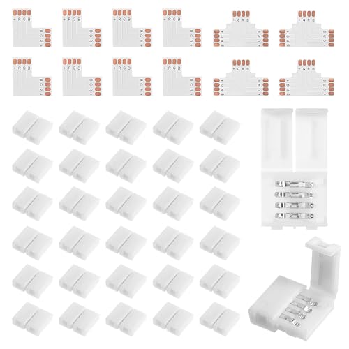 42 Pcs 4 Pin LED Strip Connector Kit with 30 Solderless LED Light Connectors for 10mm Wide RGB LEDs Strip Light Includes 8 L Shape 4 T Shape Connector Clips for DIY Lighting Projects