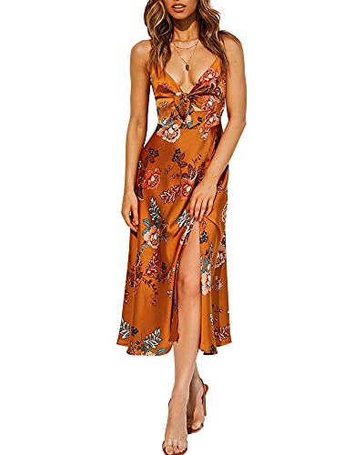 Image of Fashionme Women Spaghetti Strap Midi Satin Dresses Tie Front Backless Slit Cutout Dress Semi-Formal /Casual Flowy Lightweight