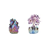 mookaitedecor Bundle - 2 Items: Titanium Coated Natürlichen Bergkristall Stein Rohstück Geode & Amethyst Kristallbaum mit elektroplattiertem Buntem Quarz als Basis