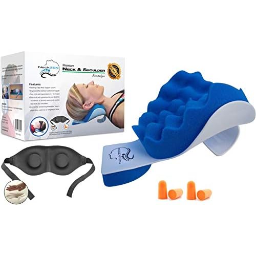 Neck and Shoulder Relaxer – Chiropractic Support Pillow and Cervical Traction Device for Spine Alignment, Pain Relief, Relaxation and Stretching (Blue and White)