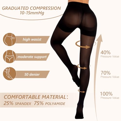 manzi 2 pairs compression pantyhose for women shaping black tights 10-15mmhg support 50d opaque stockings