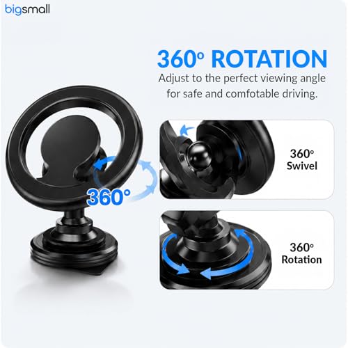Image of Bigsmall MagSafe Compatible Car Mobile Holder Magnetic Dashboard Phone Mount with 360 Rotation | Strong Magnet Car Phone Stand for iPhone & Smartphones | Black (Pack of 1)