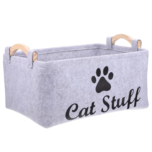 MUCKLILY Cesta de Almacenamiento de Juguetes para Mascotas de Fieltro Gris Asa de Madera, Organizador Cuadrado para Contenedor de Accesorios de Perros y Gatos, Caja Grande Hogar