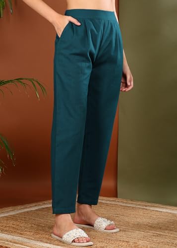Image of Yash Gallery Women's Regular Fit Mid Rise Solid Cotton Slub Ankle Length Regular Trouser Pant