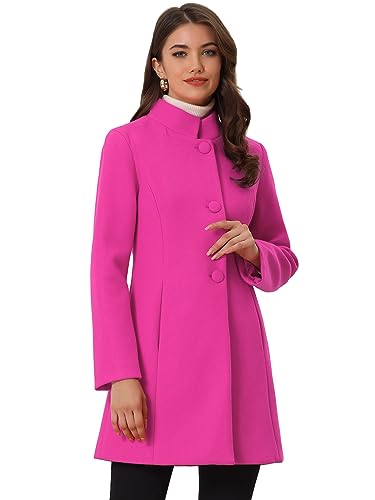 Allegra K Women's Winter Overcoat Mid-Long Stand Collar Single Breasted Coat Outerwear Medium Hot Pink