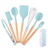 Küchenutensilien Set, hitzebeständig, Aufhängen, Kochutensilien, leicht zu reinigen, Lebensmittelqualität, Küchenbedarf, antihaftbeschichtet, 7-teilig, Silikon Kochutensilien mit Holzgriff