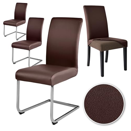 Alishomtll Stretch PU Chair Covers Set of 4 Faux Leather Chair Slipcovers Swing Chair Waterproof Washable Dining Room Chair Covers Chairs Protection for Kitchen Restaurant Hotel Wedding (Brown, 4pcs)