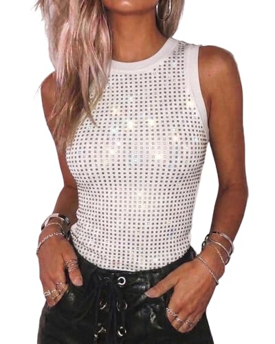 CHICME Womens Summer Sleeveless Ribbed Tank Tops Rhinestone Sparkly Basic Top Slim Fit Party Y2K Outfit-w-M C-White
