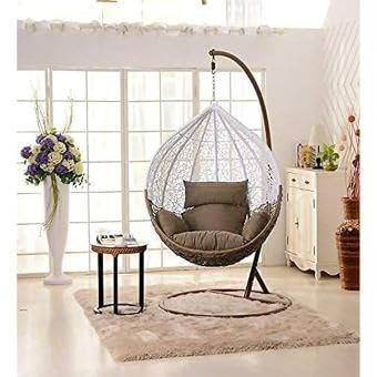Sai Foam House Rattan and Wicker for Indoor Furniture Single Seater Hanging Swing Chair with Stand with Cushion for 1 Adults Person (Swing-Brown/White, Cushion-Brown)
