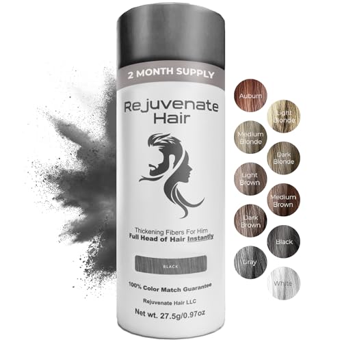 REJUVENATE Hair Fibers for Thinning Hair (Black), Undetectable Hair Powder for Men & 100% Natural Hair Building Fibers - Conceals Hair Loss - Bald Spot Cover Up Hair Powder, 2 Month Supply
