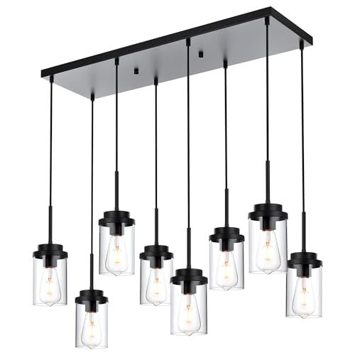 MELUCEE 8 Lights Linear Chandelier Lighting Black Island Light for Kitchen, 31.5 Inches Cluster Pendant Light Fixtures Hanging Foyer Lighting Dining Room Lights with Clear Glass Shade