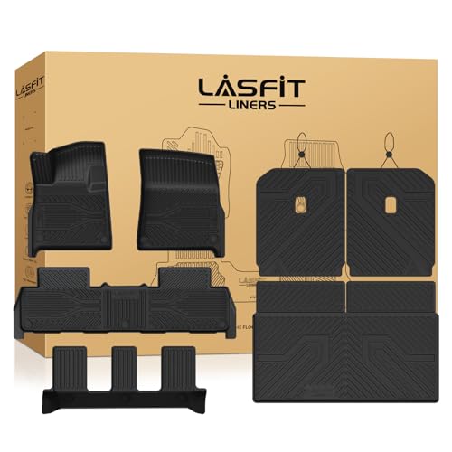 LASFIT Floor Mats&Trunk Mat&Backrest Mat for Rivian R1S 2025 2026, TPE All Weather Floor Mats Custom Fit Floor Liner&Cargo Mat for R1S 2025 2026 1st & 2nd & 3rd Row Full Set Car Mats and Cargo Liner