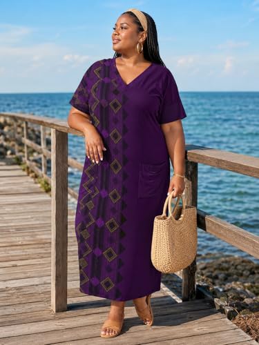 Image of Plus Size Maxi Dress for Women Short Sleeve V Neck Casual Loose Sundress with Pockets