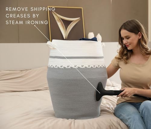 Image of Storage Cotton Rope Basket and Laundry Hamper for Dirty Clothes, Towels, Blankets, Pillows Storage in Living Room, Laundry Room and Bedroom (Grey White Zig Zag With Lid, 15x18 Inch)