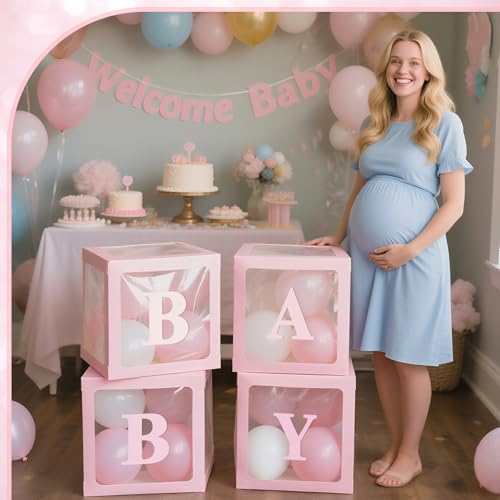 Image of Ledido Baby Boxes with Letters for Baby Shower Decorations with 38 Balloons, 4 pcs Clear Balloon Boxes Blocks for Boys Girls Gender Reveal Decorations Birthday Backdrop Party (Pink)