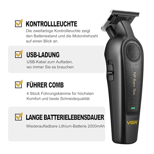 VGR 995 Profi Haartrimmer für Herren Zero Gap Trimmer, Kabelloser Elektrischer Haarschneider mit 4 Kammaufsätzen, USB-C Haarschneider, Leiser Präzisionstrimmer für Reisen