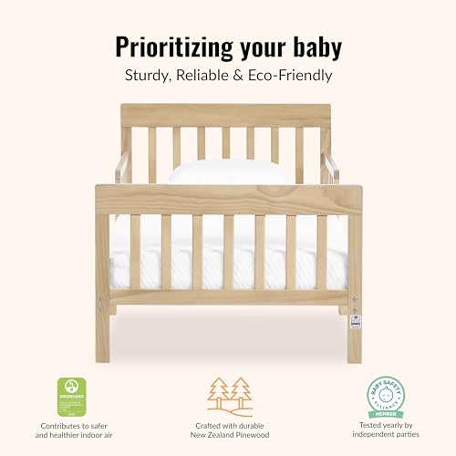 Image of Dream On Me Finn Toddler Bed, GREENGUARD Gold, Pinewood, Vintage White Oak | Low to Floor Bed, 2 Safety Guard Rails, Slatted Wooden Headboard & Footboard 50 Lb Limit, BSA Verified