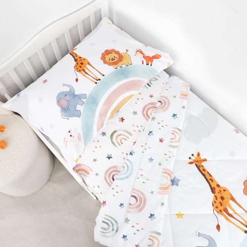 Image of Toddler Bedding Set, 4 Pieces Toddler Comforter Set for Girls Boys Kids, Ultra Soft Toddler Bed Sheets Set in a Bag, Includes Comforter, Fitted Sheet, Flat Sheet, Pillowcase, Rainbow Animal