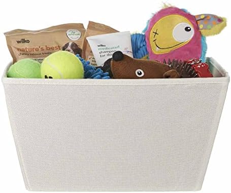 wilko Cream Woven Storage Basket, Faux Line Woven Fabric Small Storage Box with Loading Capacity Upto 2Kg, 36 x 25 x 19cm with Carry Holes