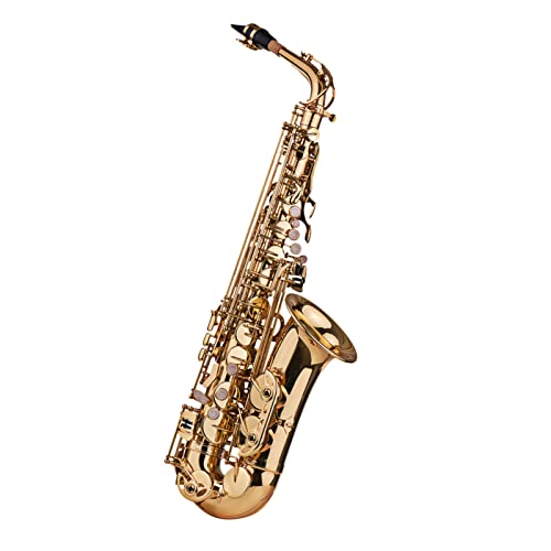 JINGFENG Saxophone alto Eb en laiton laqué doré 802 avec étui de transport rembourré, gants, chiffon de nettoyage, brosse, sangles de saxophone et anches
