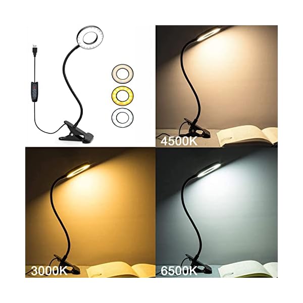 Foneso Desk Lamp Clip on Light, 48 LED USB Lamp with 3 Color Modes 10 Brightness Levels, 360° Flexible Gooseneck Eye Protection Bed Night Light for Reading, Makeup, Craft (Black) - Image 5