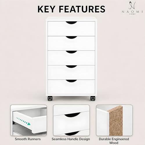 Image of Naomi Home Under Desk Office File Cabinet with 5 Drawers, Rolling Storage Organizer with Lockable Wheels, Handle-Free Design & Spacious Top Surface, Compatible Cabinet for Home Office - White