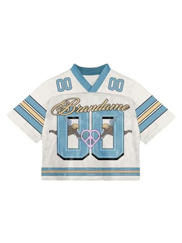 RoseSeek Men's Y2K Mesh Jersey Shirts V Neck Half Sleeve Number Graphic Tees Color Block Sport T Shirt Light Blue Medium
