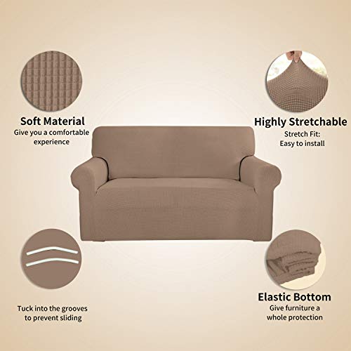 Image of Easy-Going Stretch 4 Seater Sofa Slipcover 1-Piece Sofa Cover Furniture Protector Couch Soft with Elastic Bottom for Kids, Polyester Spandex Jacquard Fabric Small Checks Camel