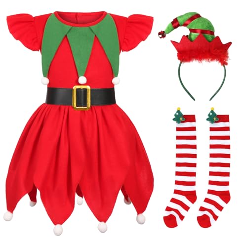 TAGVO Weihnachtself Kostüm Kinder 3-12 Jahre, Mädchen Elfen Kostüm Weihnachten, Zauberhaftes Elfen-Outfit mit Stirnband und Socken, Christmas Elf Costume für Weihnachtsfeiern, Familienfeste & Cosplay