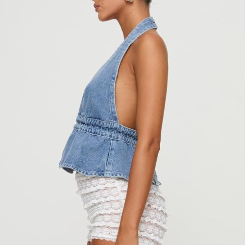 lisenraIn Women's Jean Vest Top Fashion Sleeveless Denim Halter Neck Top Y2K Sexy Backless Tie Back Denim Vest Tank Top2