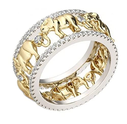 Koguxuix Fashion Jewelry Cubic Zirconia Crystal Cute Elephant Ring Gold and Silver Tow Tone Lucky Animal Rings Size 5-11 for Women(5)