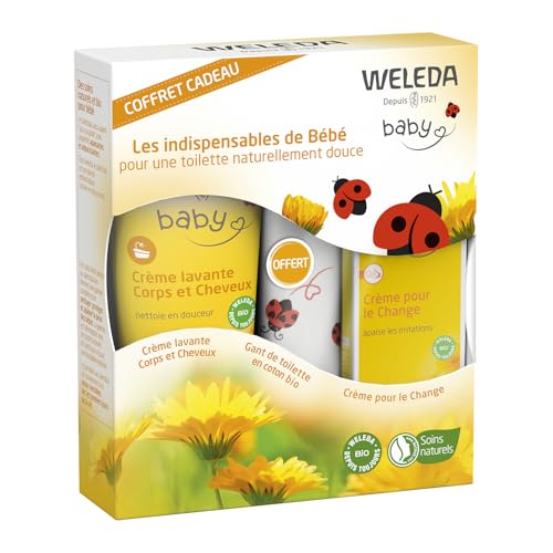 WELEDA - Coffret Bébé – Crème pour Change &amp; Crème Lavante Corps et Cheveux – Peau Douce &amp; Soin Naturel NATRUE – 75 ml + 200 ml – Cadeau Bébé