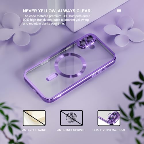 Image of Misea Magnetic for iPhone 16 Plus Case Compatible with MagSafe | [Never Yellowing] [Military Drop Protection] Full Camera Lens Protector Plating Soft Clear Phone Case for Women, Deep Purple