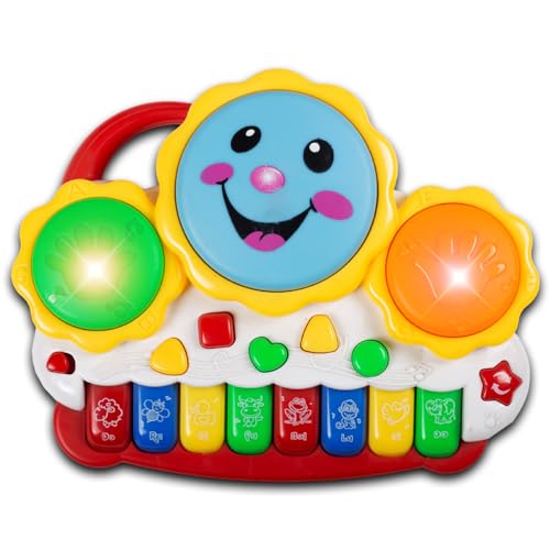 Image of Gooyo GY-88034 Musical Drum & Electronic Piano Keyboard Toy with Animals Sounds Flashings Lights & Music | Piano Keyboard Toy for Kids | Red | 3xAA Battery (Not Included) | Gift Box Packaging